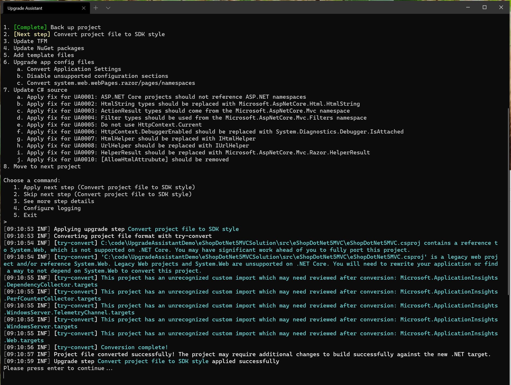 The .NET Upgrade Assistant converts the project file to the SDK style