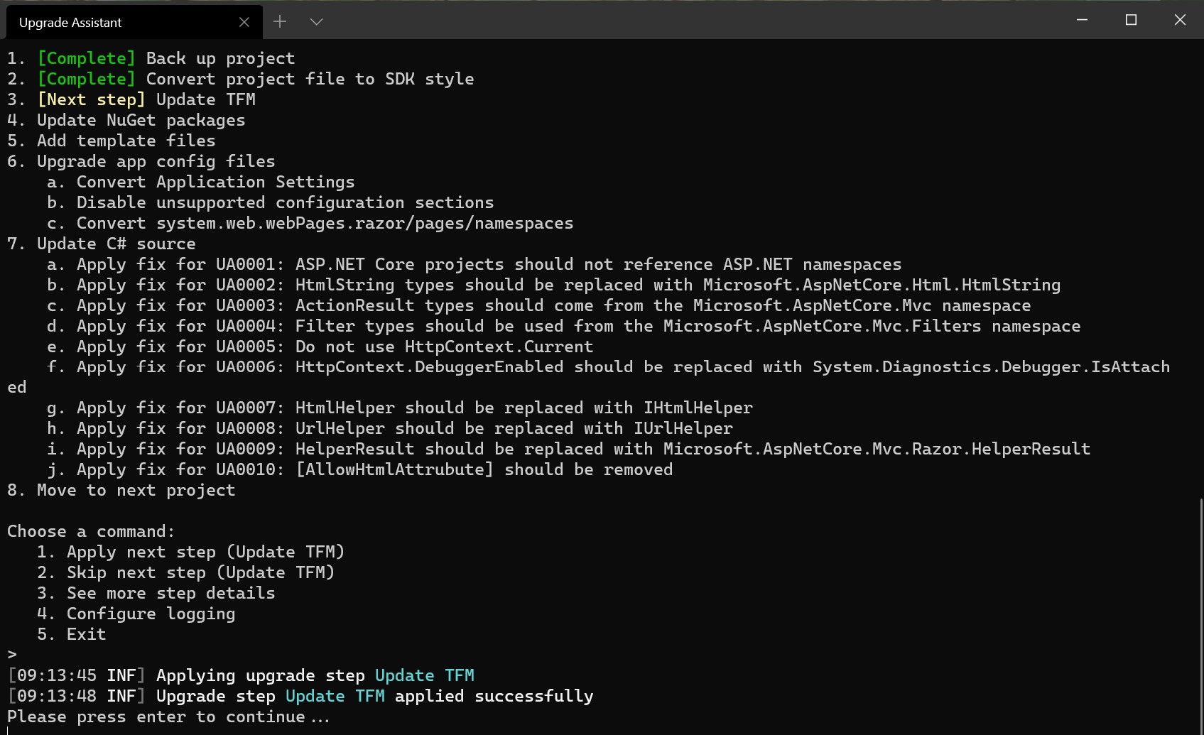 The .NET Upgrade Assistant updates the TFM