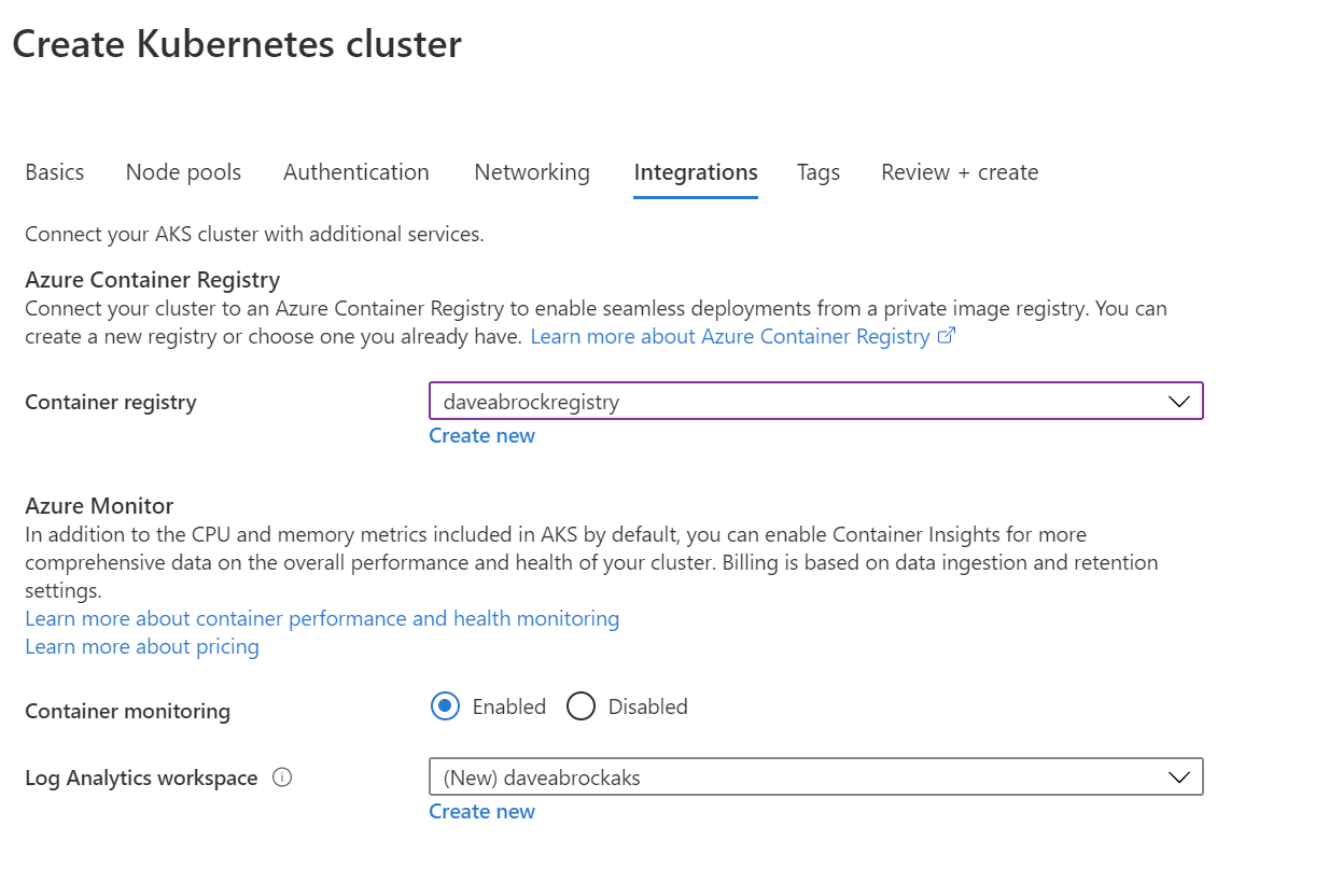 create aks cluster - integration