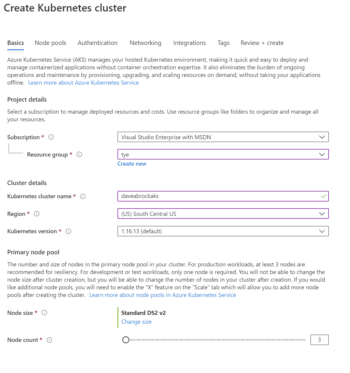 create aks cluster - basics